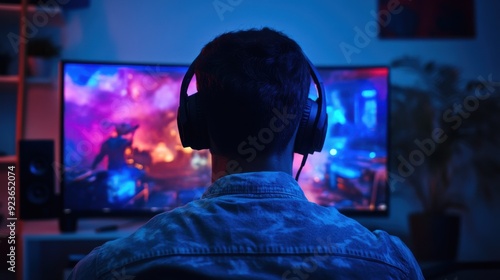 Immersive Gaming Experience - Gamer Streaming Video Game Playthrough on High-Resolution Monitor with LED Lighting and Headset