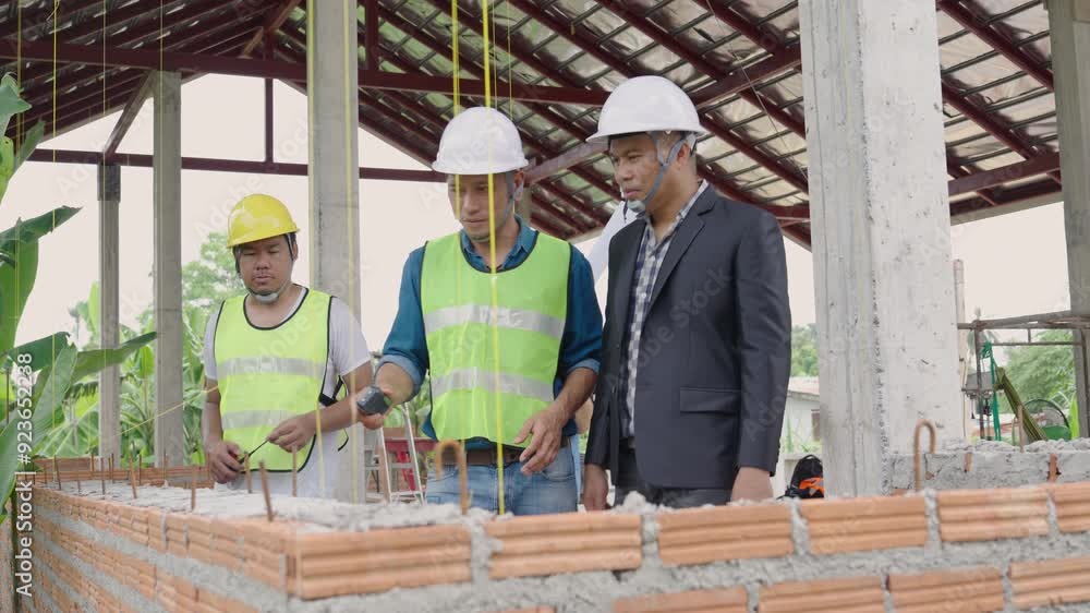 Construction team and civil engineers work together to check the humidity levels of concrete walls in a house under construction. Construction team and civil engineers work together to check the humidity levels of concrete walls in a house under construction.