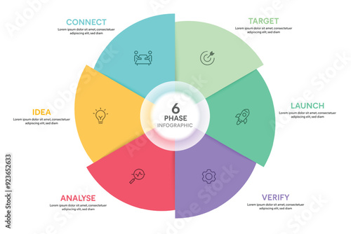 Pie Chart Glassmorphism Infographic Template With 6 Options, Steps, Parts, Segments. Vector Illustration For Business Financial Report.