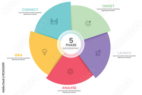 Pie Chart Glassmorphism Infographic Template With 5 Options, Steps, Parts, Segments. Vector Illustration For Business Financial Report.
