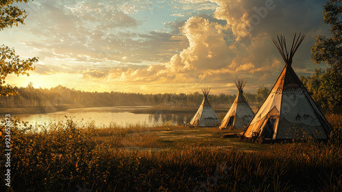 A picturesque scene depicting several teepees set on the riverbank under a golden dawn sky, with tranquil water and dense tree foliage adding to the serene atmosphere.