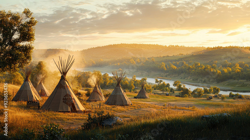 A serene image of a teepee village bathed in early morning sunlight, surrounded by lush greenery and a peaceful river flowing gently in the background.