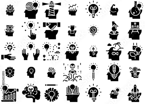 Set Of Linear Creative Idea Solid Isolated Silhouette Solid Icons With Hand,Creative,Idea,Head,Blub Outline Icons Collection. Simple Vector Illustration