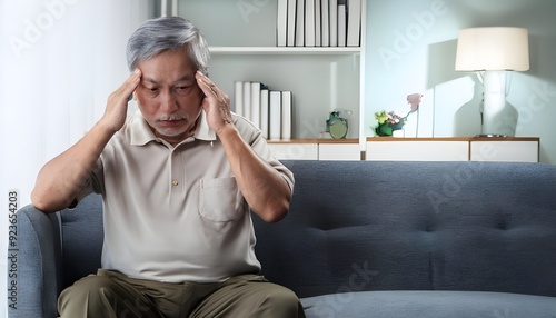 senior asian man or woman suffering from headache on sofa