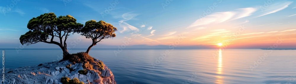 Stunning sunset over calm ocean, two trees on rocky cliff, serene horizon, vivid colors, tranquil nature, scenic landscape panorama. Stunning sunset over calm ocean, two trees on rocky cliff, serene horizon, vivid colors, tranquil nature, scenic landscape panorama.