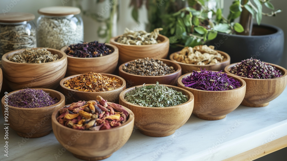 A beautifully arranged set of wooden bowls filled with vibrant dried herbs and roots, symbolizing holistic healing and natural remedies. Ai generated A beautifully arranged set of wooden bowls filled with vibrant dried herbs and roots, symbolizing holistic healing and natural remedies. Ai generated