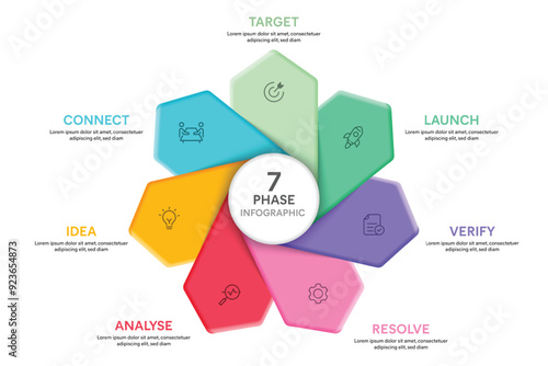 Petal Shape Infographic Template With 7 Options, Steps, Parts, Segments. Business concept. Marketing Infographic Vector Illustration.