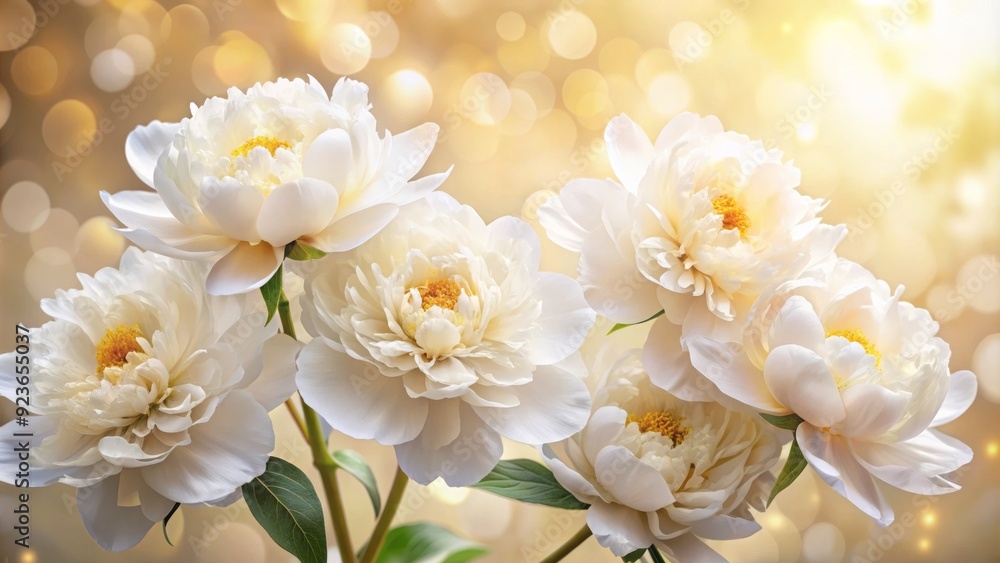 Delicate white peony flowers bloom against a soft, creamy background, their lush petals and golden centers creating a serene and elegant atmosphere. Delicate white peony flowers bloom against a soft, creamy background, their lush petals and golden centers creating a serene and elegant atmosphere.
