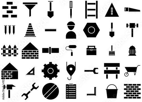 Mega Set Of Vector Construction Glyph Icons Collection Isolated Silhouette Solid Icons Including Equipment,Construction,Brick-Wall,Repair,Tool Vector Icon Set Linear Pictogram Pack