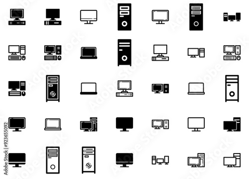 Mega Set Of Vector Computer Icons Silhouette Vector Logo Design Containing Computer,Pc,Cpu,Technology,Desktop Stroke Icon Collection. Vector Illustration