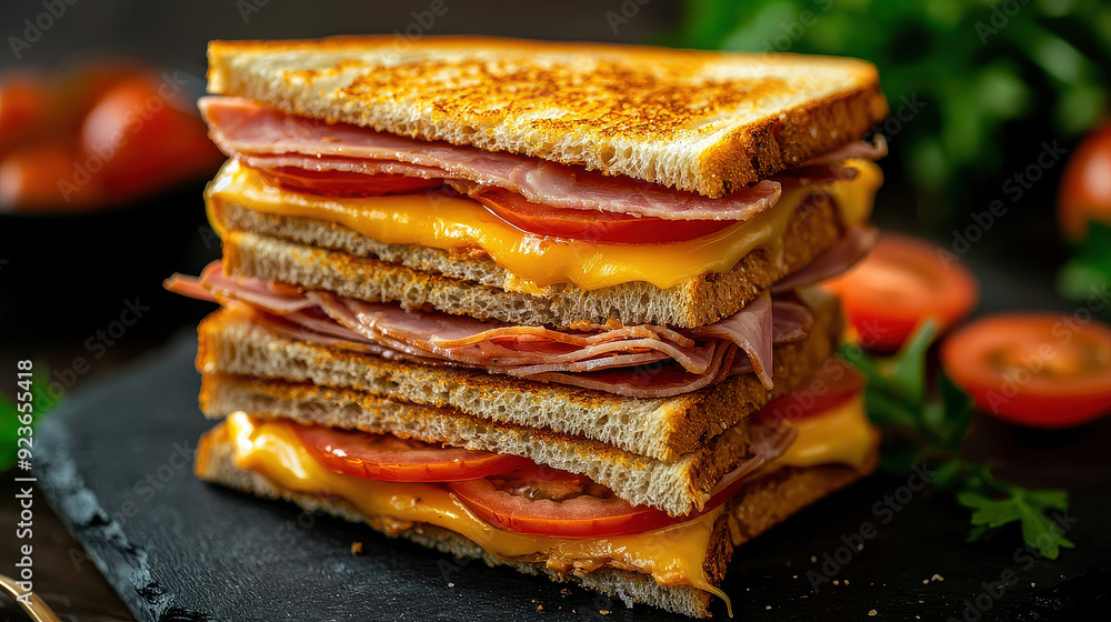 Melty grilled cheese sandwich layered with ham and tomato slices, stacked thickly on a slate board, signifying a hearty meal, comfort food, and the satisfying simplicity of classic sandwiches. Melty grilled cheese sandwich layered with ham and tomato slices, stacked thickly on a slate board, signifying a hearty meal, comfort food, and the satisfying simplicity of classic sandwiches.