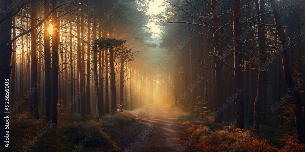 Fototapeta premium A serene forest pathway bathed in warm sunlight with tall trees on both sides forming a natural and tranquil tunnel.