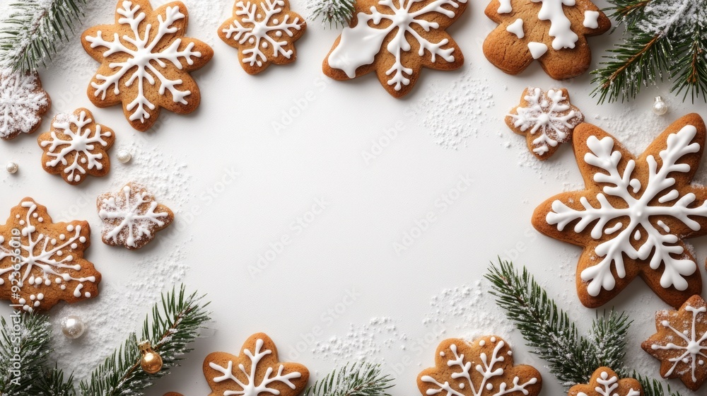 Delicious gingerbread cookies with sugar icing are forming a border on a white background dusted with powdered sugar and decorated with fir branches