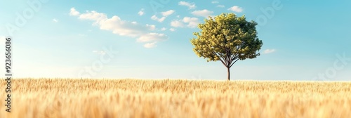 Lone tree in the middle of a golden wheat field under a bright blue sky with fluffy clouds, symbolizing solitude and serenity. photo