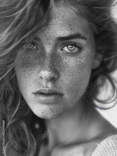 Wallpaper Mural Close-Up Portrait of a Young Woman with Freckles in Black and White Torontodigital.ca