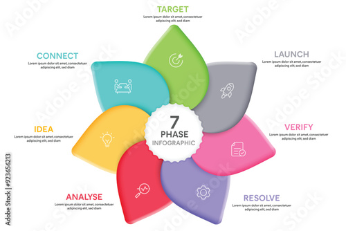Leaf Shape Infographic Template With 7 Options, Steps, Parts, Segments. Business concept. Marketing Infographic Vector Illustration.