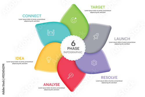 Leaf Shape Infographic Template With 6 Options, Steps, Parts, Segments. Business concept. Marketing Infographic Vector Illustration.