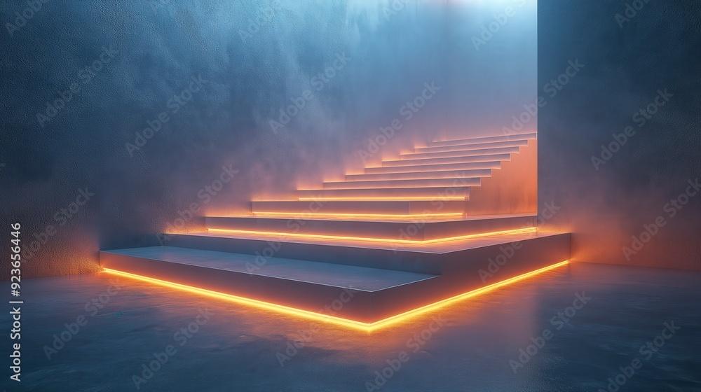 A modern staircase illuminated with orange light, creating a dramatic and atmospheric effect. A modern staircase illuminated with orange light, creating a dramatic and atmospheric effect.