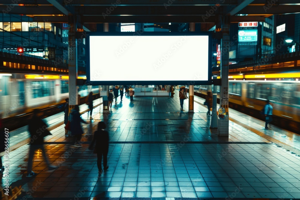 A bustling urban train station at night with a large blank billboard and moving trains. A bustling urban train station at night with a large blank billboard and moving trains.
