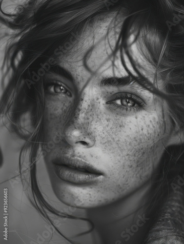 Wallpaper Mural Close-up Portrait of a Freckled Woman in Monochrome Torontodigital.ca