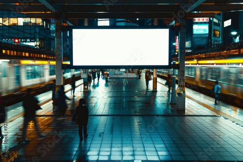 A bustling urban train station at night with a large blank billboard and moving trains.