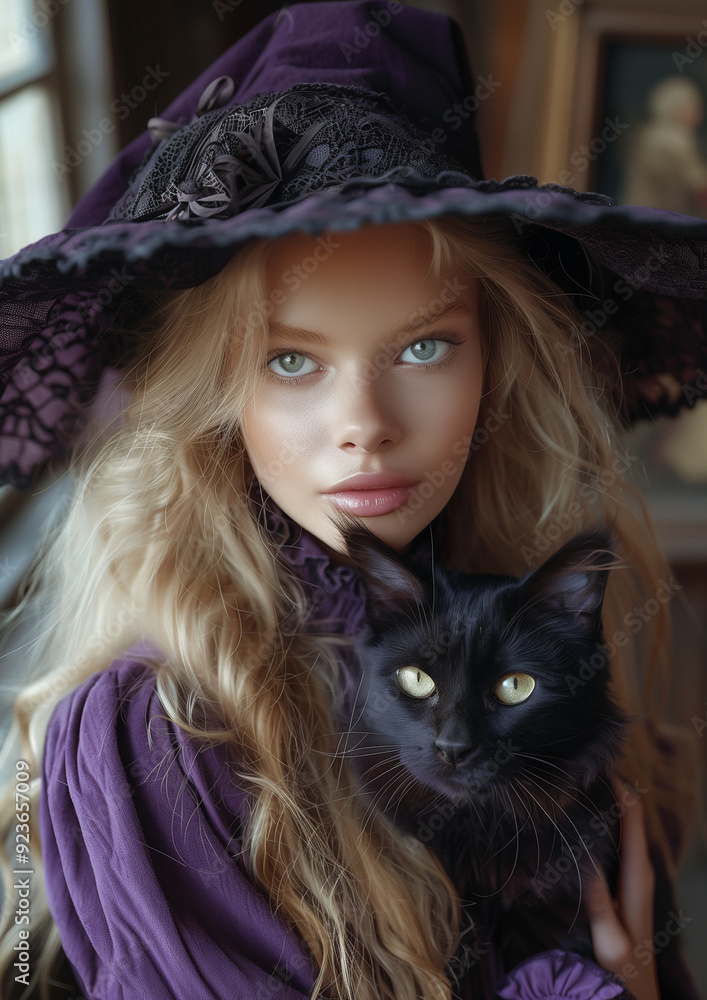 A blonde little witch with a cat A blonde little witch with a cat
