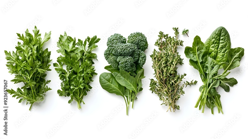Assortment of Fresh Organic Greens and Herbs on White Background Assortment of Fresh Organic Greens and Herbs on White Background