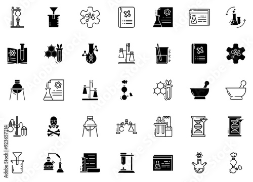 Set Of Linear Chemistry Icons Web Header Banner Design Containing Flask,Laboratory,Chemistry,Discovery,Chemical Outline Icons Collection. Simple Vector Illustration