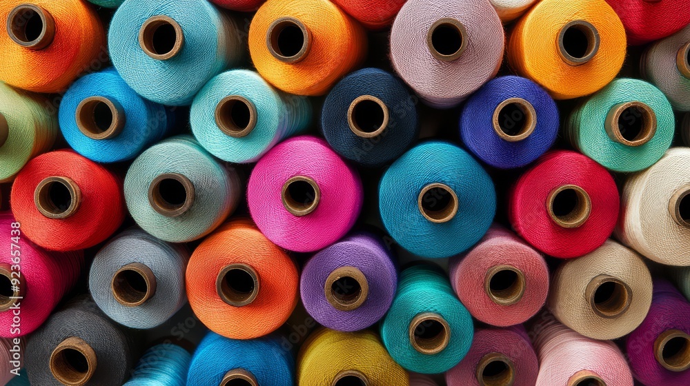 Colorful spools of thread are neatly arranged in a bright, creative workspace Colorful spools of thread are neatly arranged in a bright, creative workspace