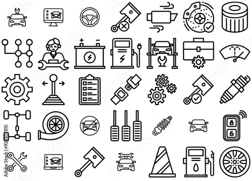 A Collection Of Car Machine Outline Icons Collection Isolated Silhouette Solid Icons Including Car,Service,Repair,Automobile,Machine Vector Illustration Linear Pictogram Pack