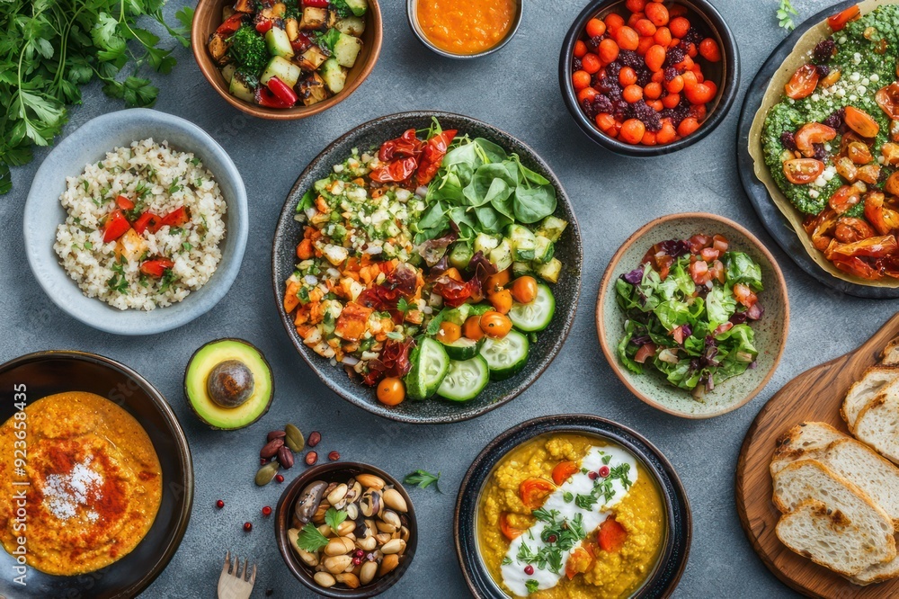 A Table Spread of Diverse and Colorful Dishes Featuring Various Salads, Soups, and Bread A Table Spread of Diverse and Colorful Dishes Featuring Various Salads, Soups, and Bread