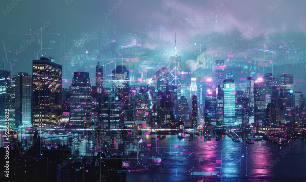 Fototapeta premium Urban skyline fractured by glitch effects, digital distortion in city lights and architecture