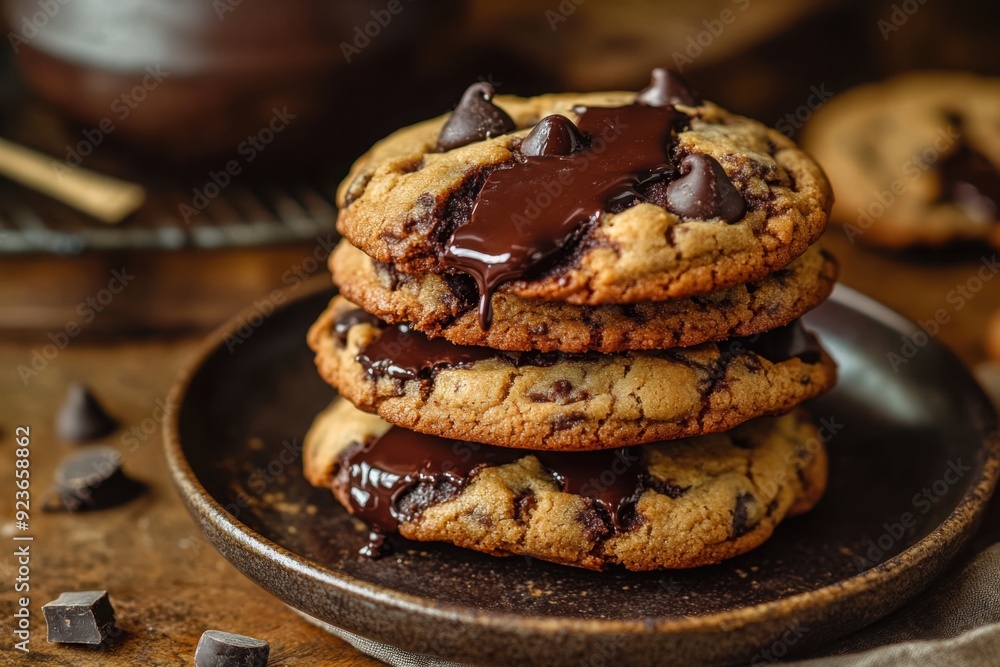 Stack of warm, melted chocolate chip cookies Stack of warm, melted chocolate chip cookies