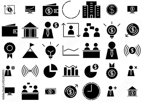 Mega Set Of Vector Business Solid Icons Web Header Banner Design Containing Employee,Business,Payment,Money,User Simple Black Style Symbol Sign For Apps And Website, Vector Illustration