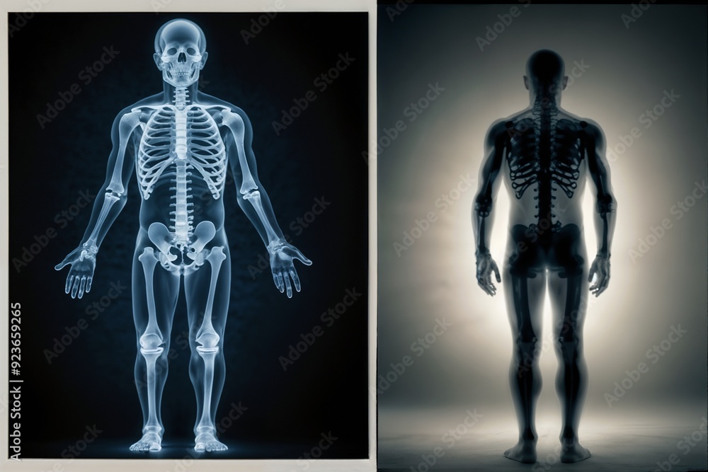 In the picture shows The human skeleton from two perspectives:
Left side: An X-ray image of the entire human skeleton. Right side: An image of the human skeleton viewed from behind. In the picture shows The human skeleton from two perspectives:
Left side: An X-ray image of the entire human skeleton. Right side: An image of the human skeleton viewed from behind.