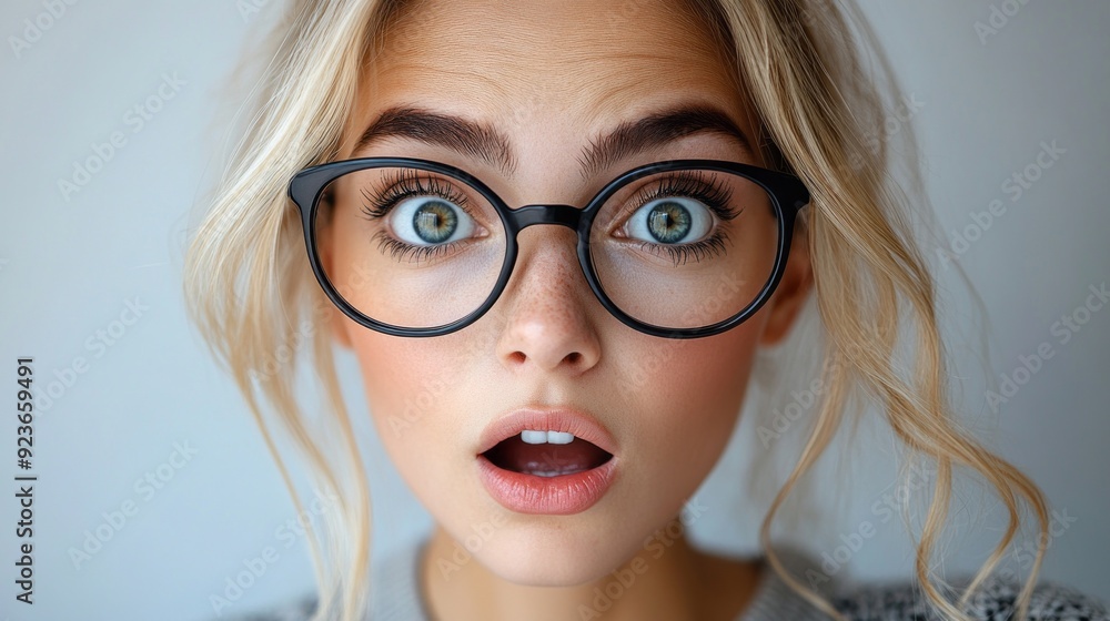 A young woman with blonde hair and oversized glasses looks astonished, her expressive eyes focused on the viewer A young woman with blonde hair and oversized glasses looks astonished, her expressive eyes focused on the viewer