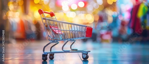 Empty shopping cart in a vibrant mall with bokeh lights, symbolizing retail and consumerism. Ideal for commerce, shopping and marketing themes.