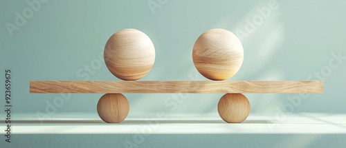 Minimalist wooden spheres and cylinders arranged in a balanced composition on a green background, showcasing harmony and simplicity.