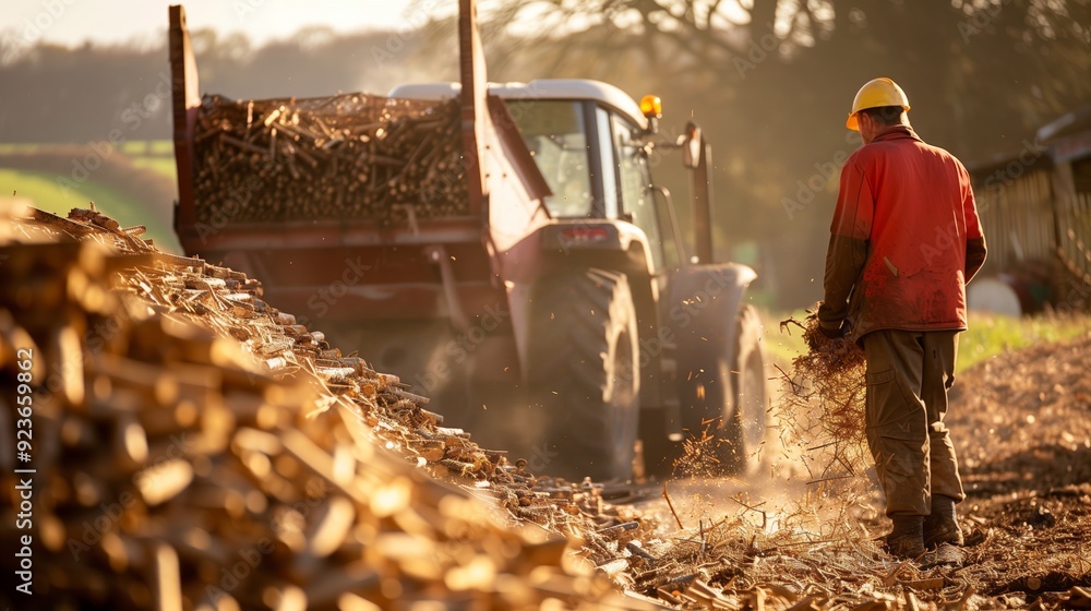 A farmer collects biomass like wood chips and waste to promote renewable energy and sustainability.