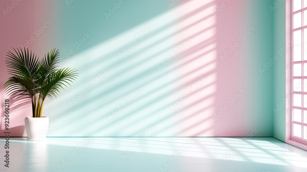 Minimalist interior with pastel walls, potted palm, and sunlight casting shadows through a window, creating a serene atmosphere. Minimalist interior with pastel walls, potted palm, and sunlight casting shadows through a window, creating a serene atmosphere.