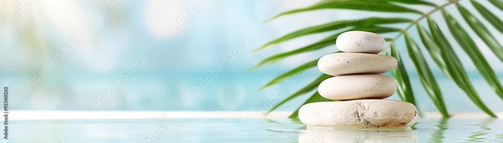 Serene spa scene with stacked stones and a tropical leaf on a calm, blue background, representing relaxation, balance, and tranquility. Serene spa scene with stacked stones and a tropical leaf on a calm, blue background, representing relaxation, balance, and tranquility.