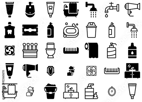 Set Of Linear Bathroom S Pixel Prefect Icons Silhouette Vector Logo Design Containing Bathroom,Barber,Salon,Cleaning,Bath Vector Icon Set Linear Pictogram Pack photo