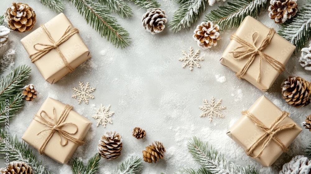 Christmas composition with gift boxes wrapped in craft paper and decorated with jute rope lying on a gray background with snow, fir branches and pine cones Christmas composition with gift boxes wrapped in craft paper and decorated with jute rope lying on a gray background with snow, fir branches and pine cones
