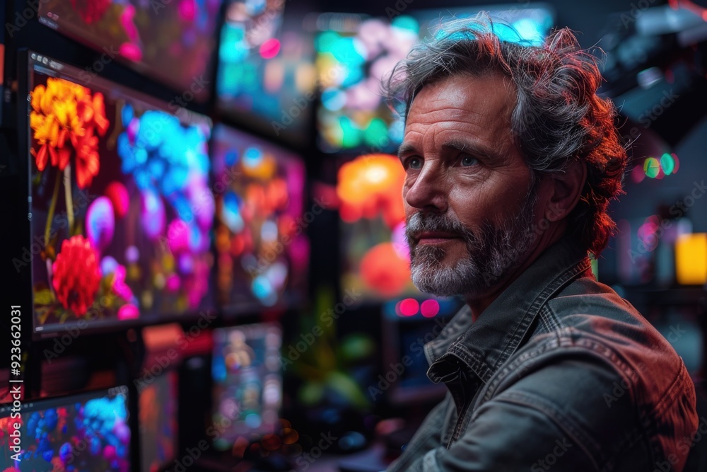 An older man with a beard is surrounded by vibrant, colorful screens filled with abstract art in a dimly lit, modern room, reflecting a creative and focused environment. An older man with a beard is surrounded by vibrant, colorful screens filled with abstract art in a dimly lit, modern room, reflecting a creative and focused environment.