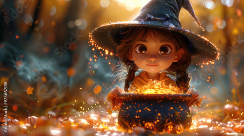 The little witch stands by the bubbling cauldron. A young girl in a witch costume at a Halloween party. The action takes place in the forest, autumn leaves are scattered around it