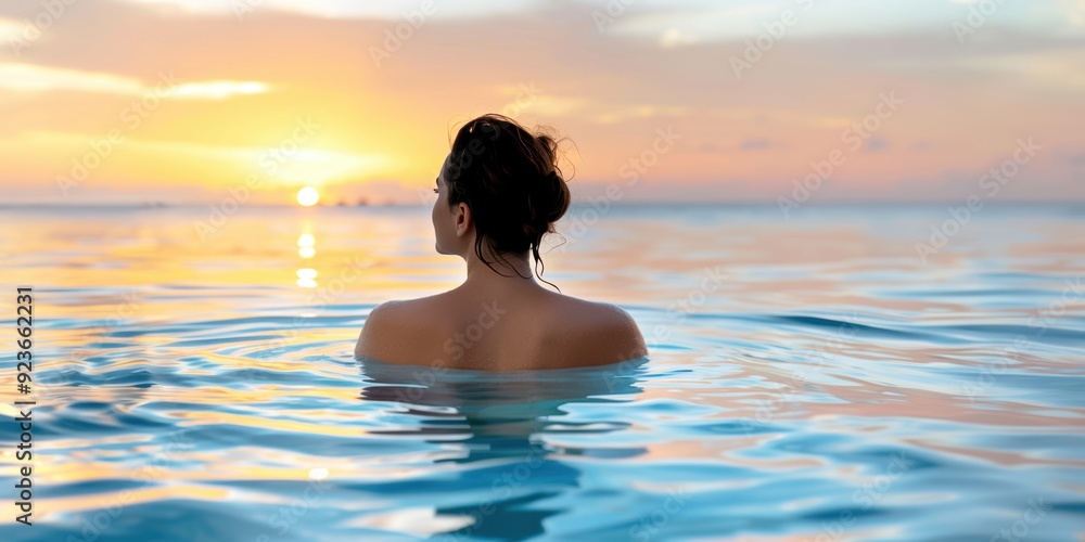 Woman enjoying a serene sunset while swimming in the ocean, capturing the tranquility and beauty of nature. Woman enjoying a serene sunset while swimming in the ocean, capturing the tranquility and beauty of nature.