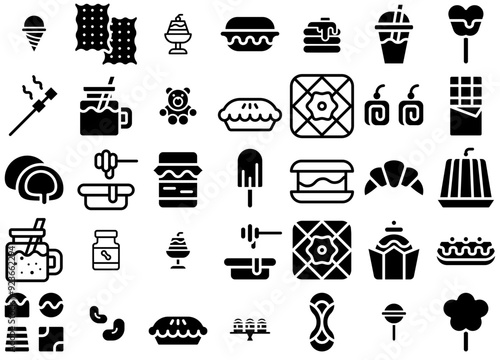 Mega Set Of Vector Bakery And Sweets Icons Collection Isolated Silhouette Solid Icons Including Desserts,Bakery,Cannoli,Sweet,Beverage Set Vector Flat Line Icons