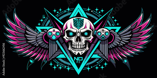 Neo tribal gothic tattoo set, retro futuristic cyber symmetry shapes, vector dark y2k wings, bones. Metal music cover print, alien surreal illustration, skull, stars grunge clipart. Neo tribal symbol