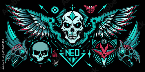 Neo tribal gothic tattoo set, retro futuristic cyber symmetry shapes, vector dark y2k wings, bones. Metal music cover print, alien surreal illustration, skull, stars grunge clipart. Neo tribal symbol