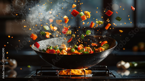 A dynamic image capturing colorful stir-fry vegetables mid-air as they are tossed in a wok above a burning stove, showcasing the vibrant and lively cooking process.